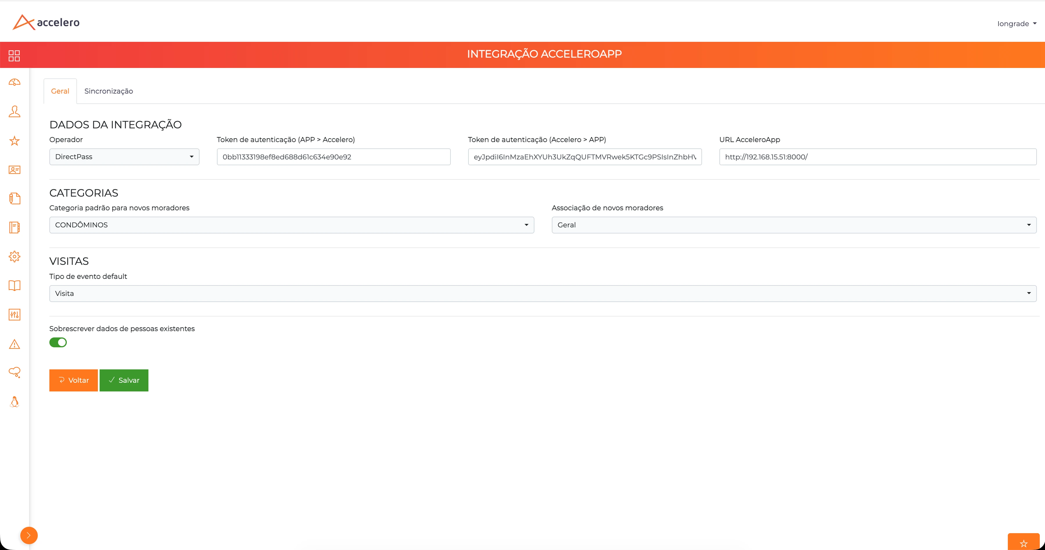 Integrações - AcceleroApp — aba Geral